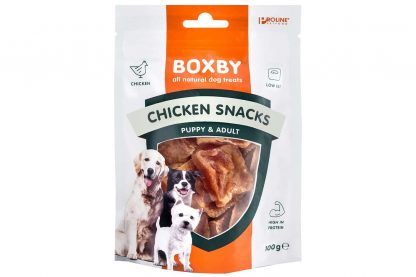 Proline Boxby Chicken Snacks is gedroogde kipfilet in stukken en is een ideale gezonde snack voor uw hond! Het is licht verteerbaar en zorgt voor een optimale vachtconditie. De hoogwaardige proteïnen geven uw hond bovendien een flinke dosis extra energie.