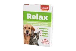 Sanal Relax Anti-Stress hond en kat is 100% natuurlijk en helpt te kalmeren bij vuurwerk, onweer, angst, stress en wagenziekte. De werkzame stof L-Tryptofaan (aminozuur) zorgt op een natuurlijke wijze voor kalmering zonder dat uw hond of kat er suf van wordt.
