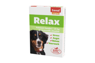 Sanal Relax voor grote honden is 100% natuurlijk en helpt te kalmeren bij vuurwerk, onweer, angst, stress en wagenziekte. De werkzame stof L-Tryptofaan (aminozuur) zorgt op een natuurlijke wijze voor kalmering zonder dat uw hond er suf van wordt.