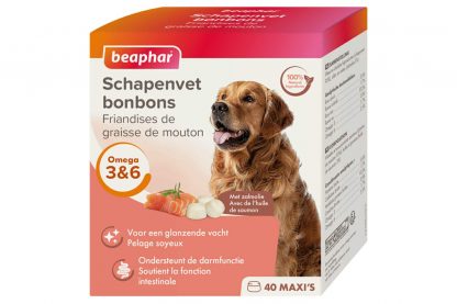 De Beaphar schapenvet bonbons zalm zijn een 100% natuurlijk aanvullend diervoeder voor honden. De smaakvolle bonbons zijn rijk aan Omega 3, 6 en 9, mineralen en sporenelementen, waardoor ze zorgen voor een soepele en glanzende vacht.