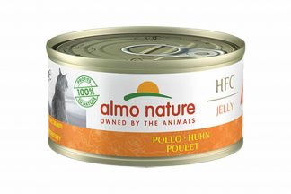 Almo Nature HFC Jelly - kip is een heerlijke natvoeding volgens het bekende en traditionele receptuur van Almo Nature. Het recept in gelei helpt bij het voorkomen van haarballen.