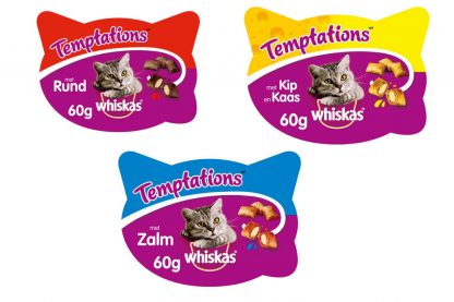 Whiskas Temptations zijn een overheerlijke snack voor uw kat, bestaat uit een krokante buitenkant en een zachte smakelijke binnenkant.