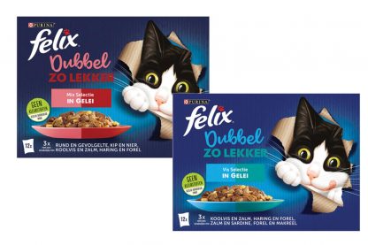 Felix Dubbel zo Lekker is een reeks onweerstaanbare maaltijden gemaakt met twee soorten malse vlees- of visingrediënten in een heerlijke gelei, waar je kat dol op zal zijn! Hij zal heel wat slimme trucjes uithalen om deze heerlijke maaltijd te bemachtigen.