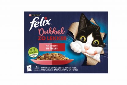 Felix Dubbel zo Lekker is een reeks onweerstaanbare maaltijden gemaakt met twee soorten malse vlees- of visingrediënten in een heerlijke gelei, waar je kat dol op zal zijn! Hij zal heel wat slimme trucjes uithalen om deze heerlijke maaltijd te bemachtigen.