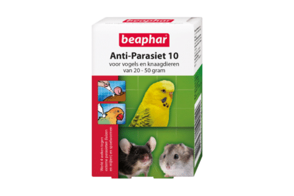 Beaphar Anti-Parasiet 10, spot-on voor vogels en knaagdieren van 20-50 g voor de behandeling van luizen en mijten en/of van darminfecties met spoelwormen. Het bevat 10ug ivermectine per pipet.