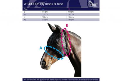 Het Harry’s Horse vliegenmasker B-free  is gemaakt van extreem sterk mesh materiaal. Het is royaal gesneden voor maximale bescherming tegen insecten en heeft een verwijderbare neusbeschermer (met klittenband).
