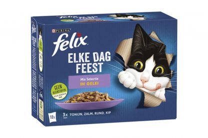 Felix Elke Dag Feest bestaat uit een reeks heerlijke maaltijden die eruit zien als echt vlees en zó lekker ruiken dat je kat niet kan wachten tot zijn bakje op de grond staat! Het ziet er echt uit alsof je het zelf hebt klaargemaakt.