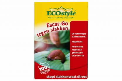 Ecostyle Escar-Go stopt direct slakkenvraat in de tuin. Het is een 100% natuurlijk product in korrelvorm om slakken te bestrijden. Wanneer de slakken van Escar-Go eten, zal dit onmiddellijk tot vraatstop leiden. De slak trekt zich terug in zijn schuilplaats en keert niet meer terug.