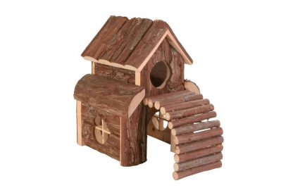 Dit speelse huisje zorgt voor een comfortabele slaap- en speelplek voor uw hamster of muis. Gemaakt van schorshout en diervriendelijke lijm, zodat het 100% veilig is voor uw dier.
