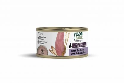 Vigor & Sage Cat Vers-In-Blik Turkey Astragalus is gemaakt van natuurlijke ingrediënten verrijkt met kruiden. Daarnaast zorgt vers ontbeend spiervlees of verse zalm ook voor een compacte ontlasting.