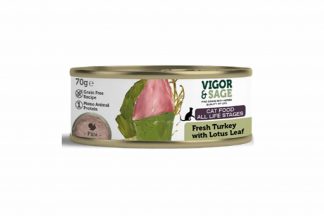 Vigor & Sage Dog Vers-In-Blik Turkey Lotus Leaf is gemaakt van natuurlijke ingrediënten verrijkt met kruiden. Daarnaast zorgt vers ontbeend spiervlees of verse zalm ook voor een compacte ontlasting.