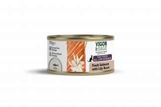 Vigor & Sage Cat Vers-In-Blik Salmon Lily Root is gemaakt van natuurlijke ingrediënten verrijkt met kruiden. Daarnaast zorgt vers ontbeend spiervlees of verse zalm ook voor een compacte ontlasting.