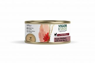 De Vigor & Sage Dog Vers-In-Blik Chicken Goji Berry is gemaakt van natuurlijke ingrediënten verrijkt met kruiden. Het vers vlees bestaat uit één dierlijke eiwitbron en helpt daarbij bij honden met allergieën.