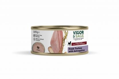Vigor & Sage Dog Vers-In-Blik Turkey Astragalus is gemaakt van natuurlijke ingrediënten verrijkt met kruiden. Daarnaast zorgt vers ontbeend spiervlees of verse zalm ook voor een compacte ontlasting.