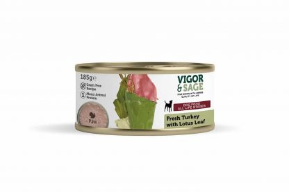 Vigor & Sage Dog Vers-In-Blik Turkey Lotus Leaf is gemaakt van natuurlijke ingrediënten verrijkt met kruiden. Verpakking bevat 185 gram.