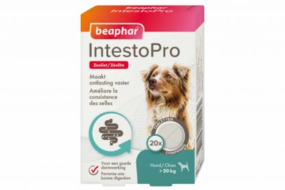 De Beaphar IntestoPro hond vanaf 20kg helpt darmproblemen te verlichten bij honden vanaf 8 weken oud. Het bevat het belangrijkste natuurlijke ingrediënt zeoliet wat helpt om de ontlasting vaster te maken.