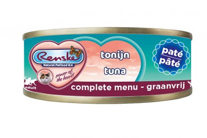 Renske kat verse tonijn met paté in blik is een smakelijke complete natvoeding voor katten. Door het hoge tonijn gehalte, is dit een zeer licht verteerbaar en smakelijke maaltijd. Renske’s ingrediënten zijn 100% natuurlijk en afkomstig van bronnen geschikt voor menselijke consumptie.