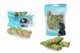 De Wonder Snaxx Braid Pinda en appel is gemaakt van gedroogde dierenhuid en daardoor een lekkere en gezonde snack voor honden.