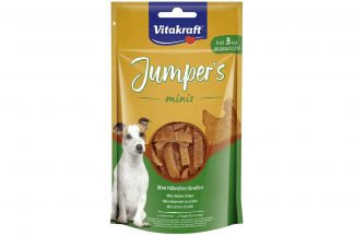 De Vitakraft Jumper's Mini's kipstickjes zijn perfect om jouw hond mee te belonen tijdens wandelingen of trainingen, doordat ze zijn gemaakt van mager kippenvlees. De snack bevat daardoor met 3 kcl per stuk.