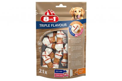 De 8in1 Triple Flavour knoopkluif is een heerlijke snack voor jouw hond! Het bot is gemaakt van varkenshuid en runderhuid, omwikkeld met heerlijke kipfilet. Verkrijgbaar in diverse maten, zodat er voor elke hond een geschikte kluif bij zit.