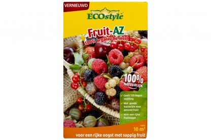 ECOstyle Fruit AZ is een 100% organische meststof en geeft planten de juiste voeding, waardoor je sappig fruit krijgt. Geschikt voor klein fruit zoals onder andere bessen, bramen of frambozen.