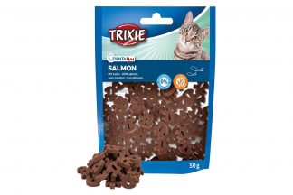De Trixie Denta Fun Salmon kattensnacks ondersteunen een gezond gebit! De beloning heeft een zalmsmaak en daar zijn katten gek op. Daarnaast zorgt de vorm en structuur voor gebitsverzorging. 