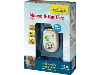 De ECOstyle Mouse & Rat Free 50m² (battery) rat- en muisverjager is een hygiënische, eenvoudige en effectieve manier om van muizen en ratten af te komen met behulp van ultrasoon geluid. Mouse & Rat free is ecologisch vriendelijk door het vermijden van het gebruik van gif. Hierdoor is het ook onschadelijk voor kinderen, katten, honden, vogels en vissen.