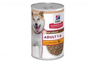 Hill's Science Plan Adult No Grain Dog Food with Chicken is een volledig voer voor volwassen honden van 1 tot 6 jaar. De voeding is samengesteld uit ingrediënten die geen granen en geen gluten bevatten. Tevens bevat de voeding een hoogwaardige eiwitbron voor de spieren en vezels voor een gezonde spijsvertering.
