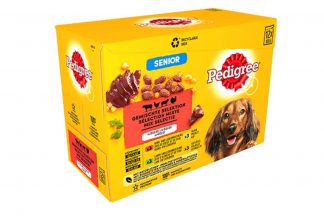 De Pedigree Multipack pouch senior in gelei bevat natvoeding in gelei voor oudere honden. De natvoeding is een volledige maaltijd.