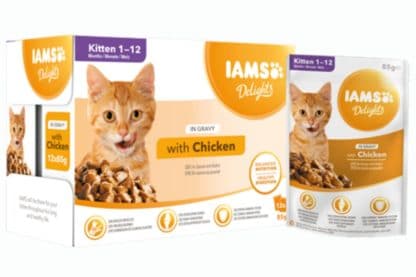 Iams Delights Multipack kitten met kip in saus is een 100% volledig en uitgebalanceerd premium diervoeder voor kittens.