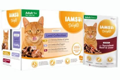 Iams Delights Multipack land collection in saus is een 100% volledig en uitgebalanceerd premium diervoeder voor volwassen katten.