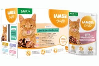 Iams Delights Multipack Land & Sea collection in saus is een 100% volledig en uitgebalanceerd premium diervoeder voor volwassen katten.