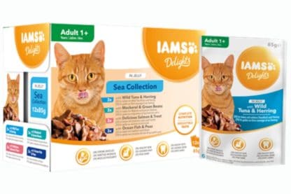 Iams Delights Multipack sea collection in gelei is een 100% volledig en uitgebalanceerd premium diervoeder voor volwassen katten.