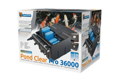 De Superfish Pond Clear Pro 36000 UVC-36W Filter is een compleet uitgerust biologisch vijverfilter met een UVC-systeem wat aan de buitenzijde van de filterbak gekoppeld is. Hierdoor wordt de filter-inhoud van 105 liter, optimaal benut voor mechanische en biologische filtratie.