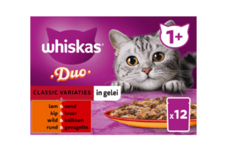 Verras je kat met Whiskas Classic Variaties in gelei maaltijdzakjes met twee soorten vlees in iedere maaltijd voor een waanzinnige smaaksensatie die zelfs de meest kieskeurige katten niet kunnen weerstaan!
