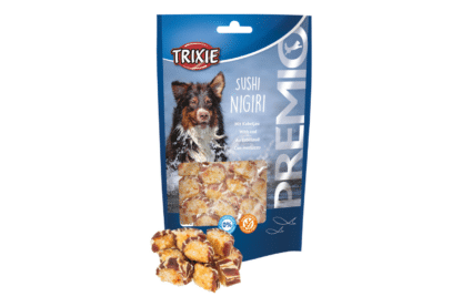 Trixie Premio Sushi Nigiri is een heerlijke snack voor jouw hond. Deze sushi snack is gemaakt van kabeljauw, kip en eend. Tevens is deze snack zowel gluten als suikervrij!