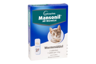 Mansonil All Worm tabletten - 2 tabletten is makkelijke en volledige ontworming tegen alle belangrijke maagdarm-parasieten bij katten, met aangepaste ellipsvorm om het inslikken te bevorderen.