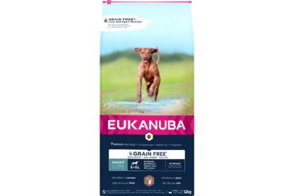 Eukanuba Grain Free Adult Hert all sizes bestaat uit een recept met weinig allergenen. Zorgvuldig samengesteld om de algemene allergenen te vermijden. Zorgt voor een gezonde spijsvertering, gezonde botten en gewrichten en vetvrije spieren.. Zorgt voor een gezonde spijsvertering, gezonde botten en gewrichten en vetvrije spieren.