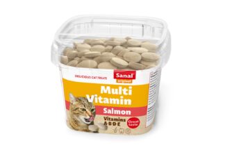 De Sanal Multi Vitamin Bites - Zalm is aanvullend diervoer voor de kat. Het zijn heerlijke beloningssnoepjes met vitamine B en calcium ter ondersteuning van de gezondheid.  Deze snoepjes zijn verrijkt met vitamine B complex, ter ondersteuning van de weerstand en het zenuwstelsel. Calcium zorgt voor sterke botten en tanden.