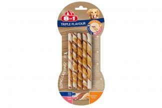 De 8in1 Delights Chicken Twist sticks zijn een echte traktatie voor honden. Het snack is gemaakt van runderhuid gewikkeld in vetarm kippenvlees, waardoor honden er dol op zijn. Door het gebruik van runderhuid ondersteun je een gezond gebit, doordat je tandplak voorkomt