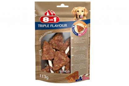 De 8in1 Triple Flavour Kauwvleugels is een heerlijke drielaagse kauwsnack met grote stukken smakelijke kipfilet in combinatie met varkens- en runderhuid. 