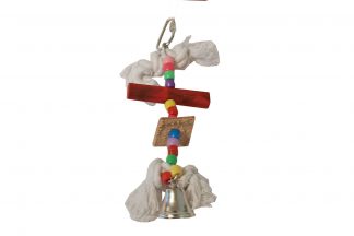 Vogelspeelgoed met een katoenen touw voorzien van gekleurde kralen en belletje.