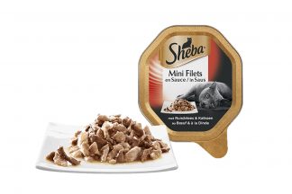 Sheba Mini Filets in Saus Rund en Kalkoen is een luxe mix van malse reepjes in een overheerlijke saus. Het perfecte recept om jouw lieveling te verwennen. Heerlijk mals vlees in lekkere saus om dagelijks van te smullen.